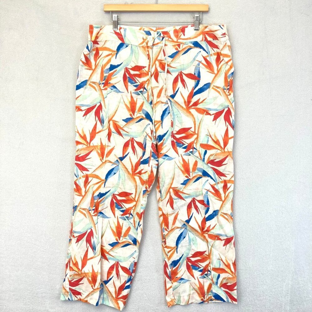 Tommy Bahama 100% Linen Wide Leg Pants Trousers Womens 16 Floral Tropical Birds